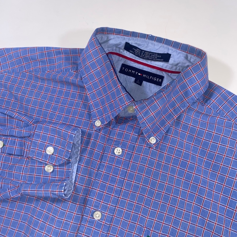 Tommy Hilfiger Mens Blue Red Plaid Button Down Shirt Long Sleeve Crest Logo L